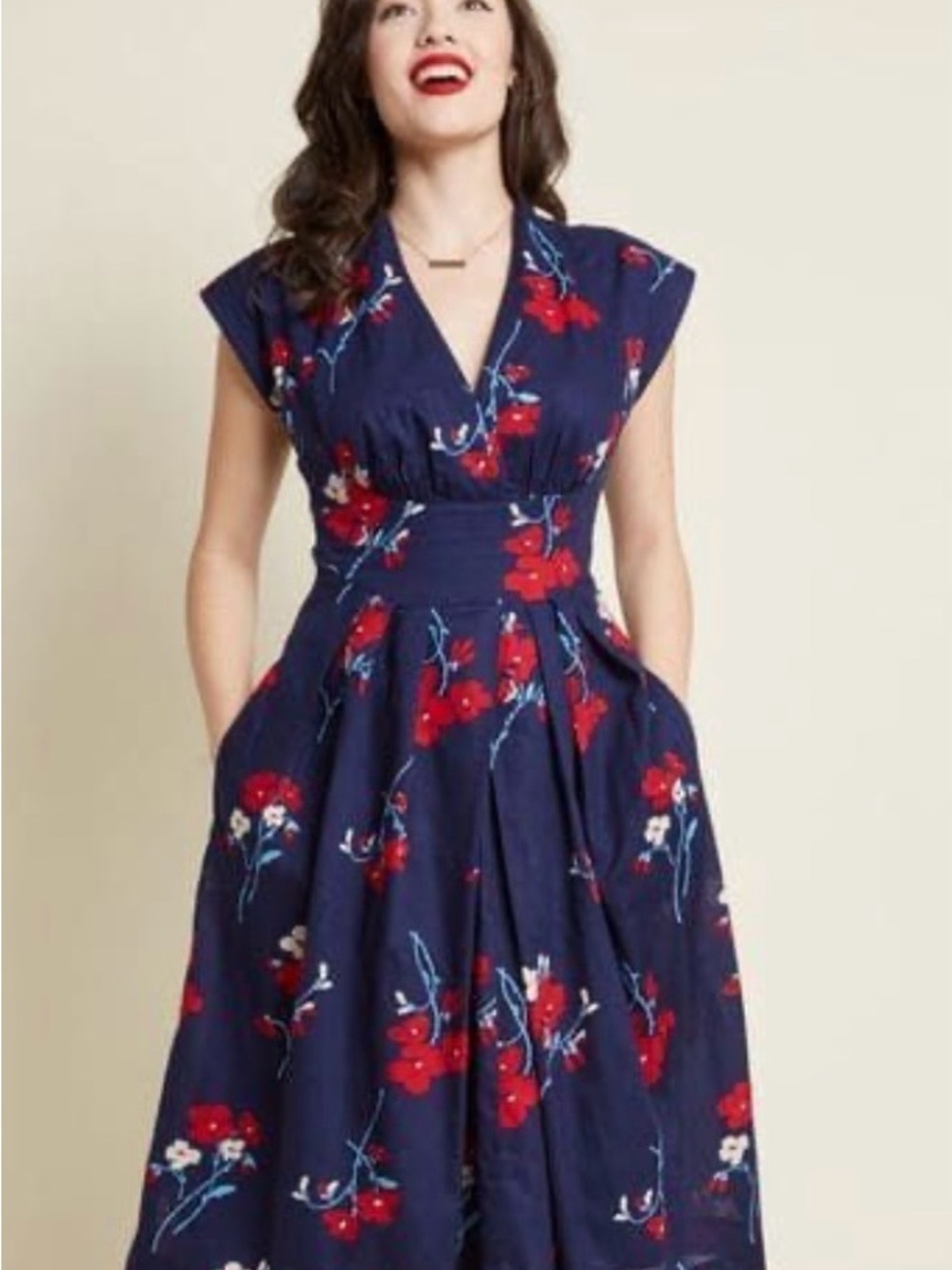 Emily and Fin -Navy Red Poppy Floral V-Neck Fit & Flare Dress - Red Floral (1X)